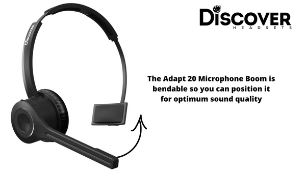 Adapt 20 mono headset with arrow and language saying the microphone boom is bendable