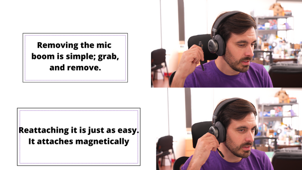 man in upper picture removing magnetically attached headset microphone. Lower picture he is reattaching it