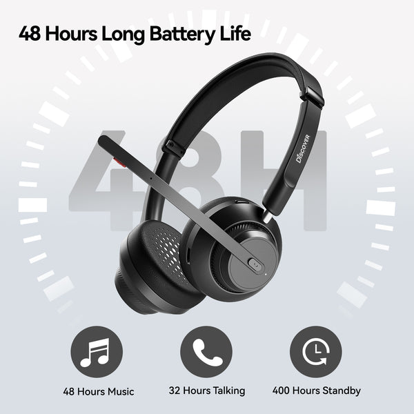 picture of the Discover Boomstick wireless headset and graphics and text discussing battery performance