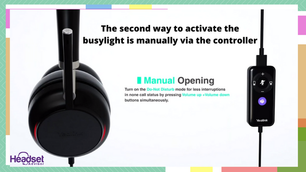 picture of the yealink uh38 wired usb headset with text that talks about activating the busylight through the buttons on the inline controller