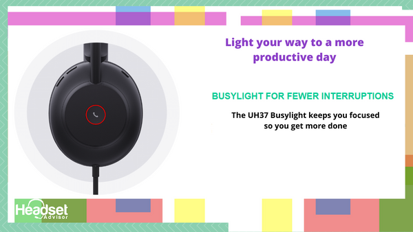 yealink uh37 wired usb headset shwon with illuminated busylight, with text that talks about minimizing interruptions with it.