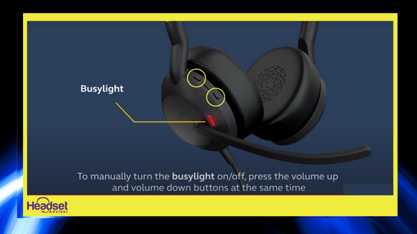 Jabra Evolve2 50 wired USB headset with text that talks about turning on the busylight manually