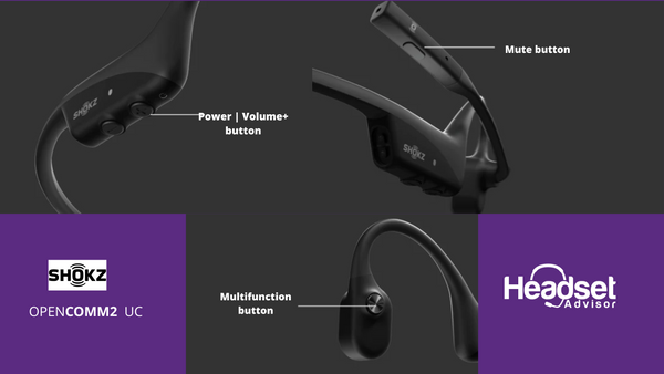 three image collage of the Opencomm2 UC headset with notations as to the buttons