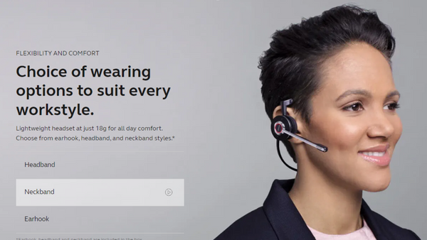 woman wearing a jabra engage 75, and text that talks about the three different wearing styles included