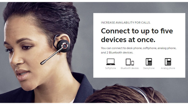 woman wearing a jabra engage 75 earpiece and text that talks about connection to 5 devices simultaneously