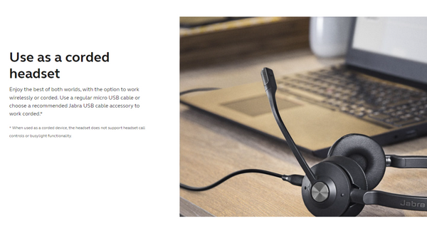 image of the jabra engage 75 plugged into a USB cable for recharging, with text stating you can continue using it when recharging