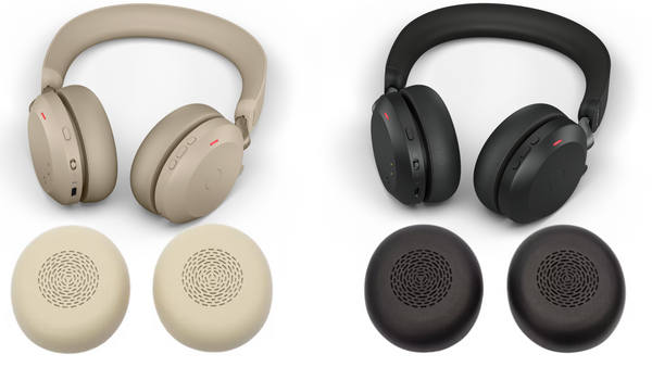 Two Jabra Evolve2 75 headsets side by side. One black, one beige with a pair of same colored cushions below them