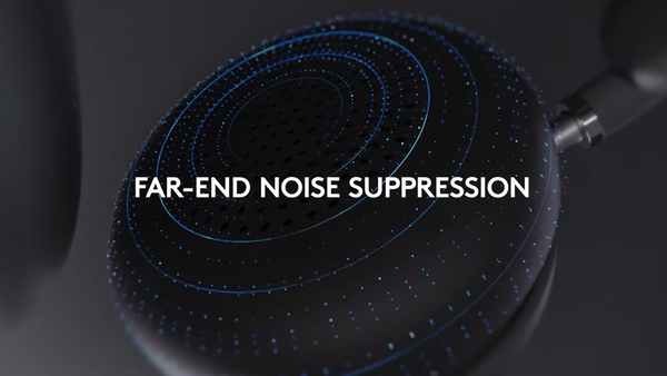 close up view of logitech zone wireless 2 headset ear cushion with text that says far end noise suppression