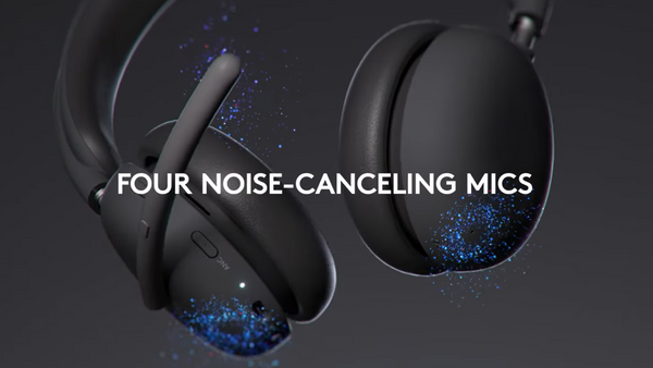 close up view of the Logitech Zone Wireless 2 with animated blue sparkles, and text that says it comes with 4 noise cancelling microphones
