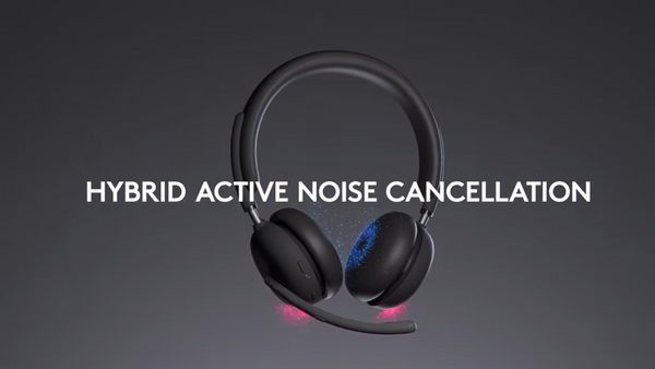 Close up view of the Logitech Zone Wireless 2 headset with text that says it comes with Hybrid Active Noise Cancellation