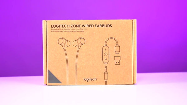 logitech zone wired earbuds with purple background