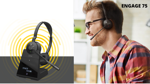 Man wearing Jabra Engage 75 wireless headset, and a second image of  the Engage 75 duo model resting in the charge cradle