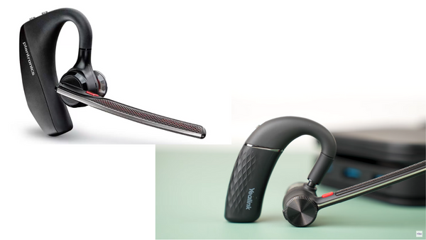 Poly Voyager 5200 next to Yealink BH71 wireless headsets