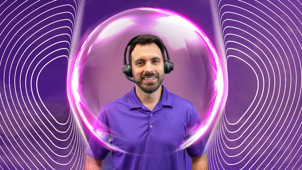 man with headset on, standing, with imaginary bubble around his head and shoulders