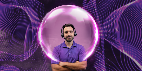 man wearing headset with imaginary bubble around his head