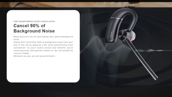 image of Yealink BH71 headset and text that talks about its ability to remove noise