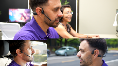 Opencomm2 wireless headset shown being used in an office, walking on the street, and being used when driving