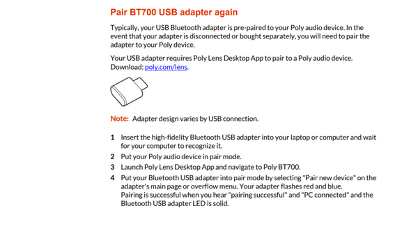 instructiions on pairing the BT700 USB adapter