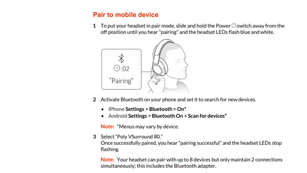 instructions on  pairing a Voyager Surround 80 UC to a mobile device