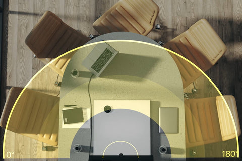 graphical image of an aerial view looking down on a desk with a half circle superimposed.