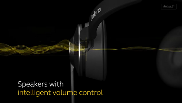 close up of jabra engage 75 ear speaker and animated sound waves with text that states intelligent volume control