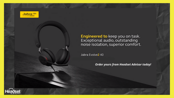 darkened image of a jabra evolve2 40 wired headset with text that summarizes why this is a good headset to consider