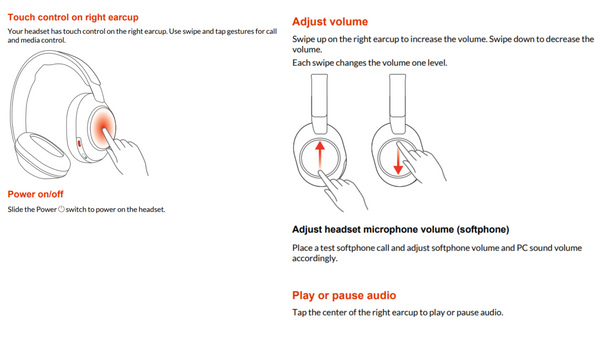 diagram of how to use the touch sensitive controls on the Voyager Surround 80 UC