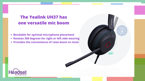 image of the yealink UH37 wired USB headset with text that talks about the different features of the mic boom arm