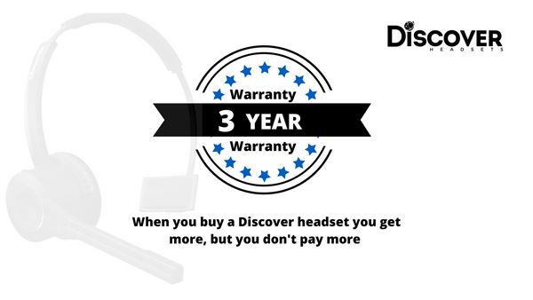 graphic of 3 year warranty icon and a discover logo, and  wording about discover headsets being a better value