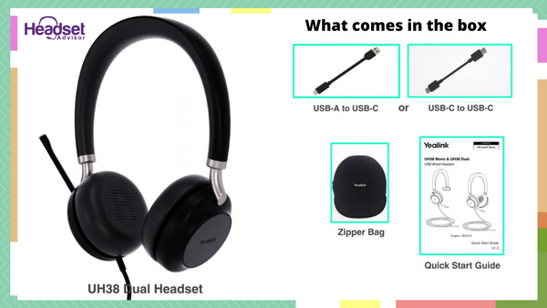 Yealink UH38 graphic that shows what comes in the box when you order this headset