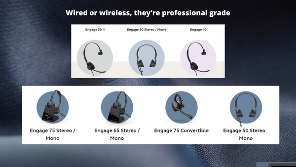 a collage of Jabra Engage wired and wireless headsets