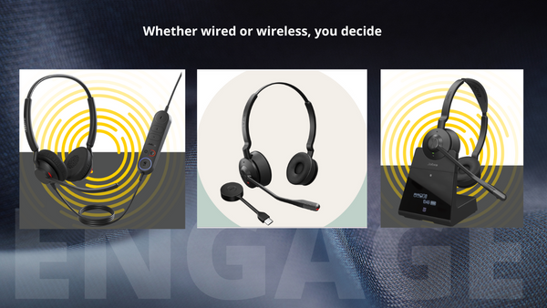 wired and wireless Jabra engage headset models shown