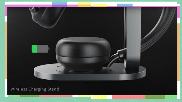 image of yealink bh76 wireless headset being charged on optional wireless charger