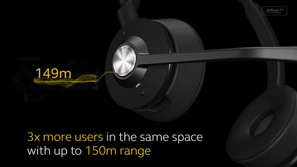 image of the jabra engage 75  stereo model with text that talks about long wireless range, and more headsets into an area.