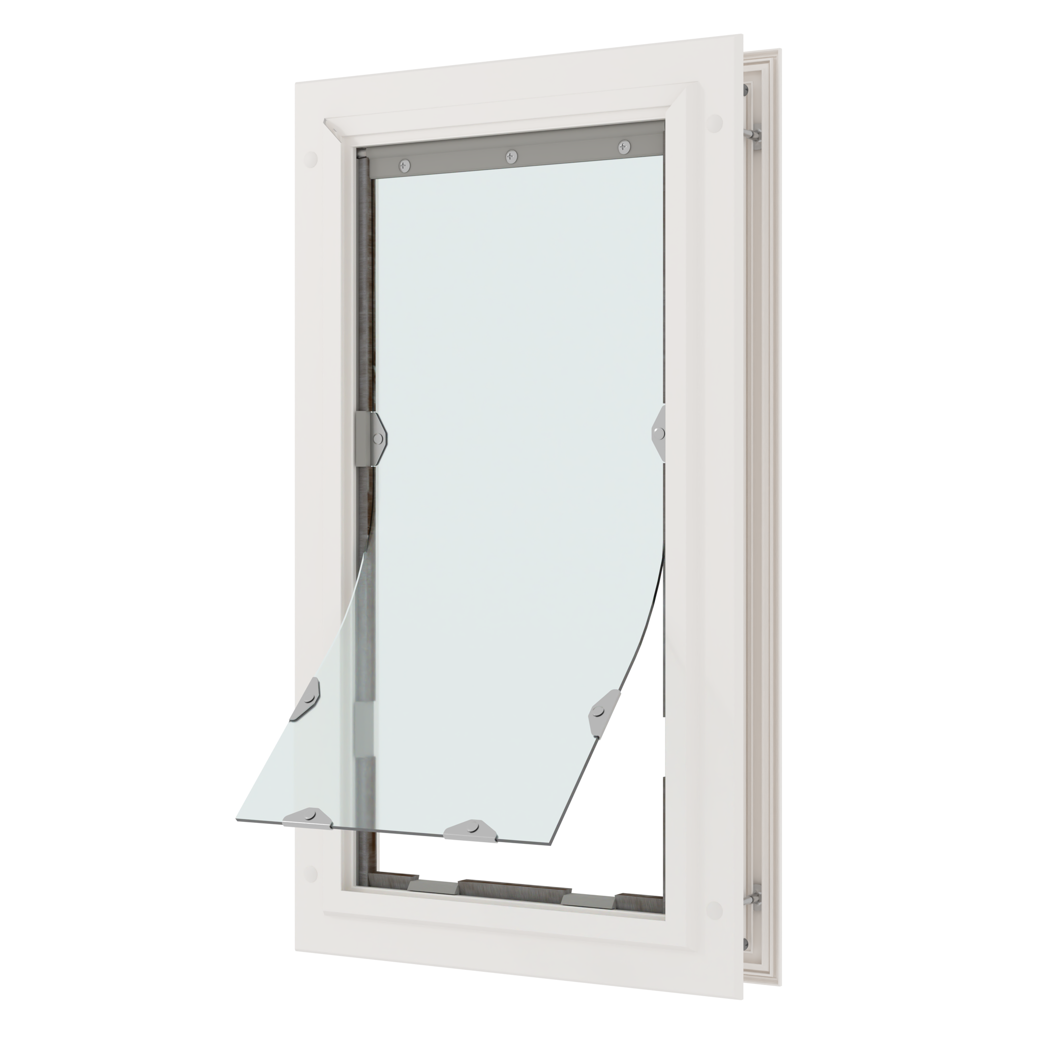 the liberty pet door for doors with a white frame and a single clear flap