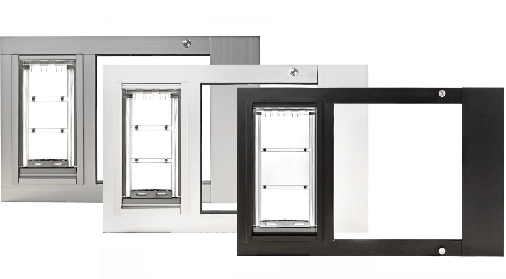 The Endura Flap Thermo Sash Pet Door in white, bronze, and brushed aluminum