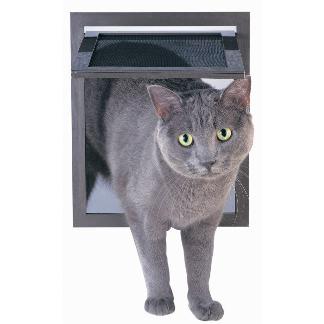 cat walking through cat flap that can be installed into walls and doors