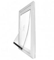 Simple dog door with a white frame and clear flap