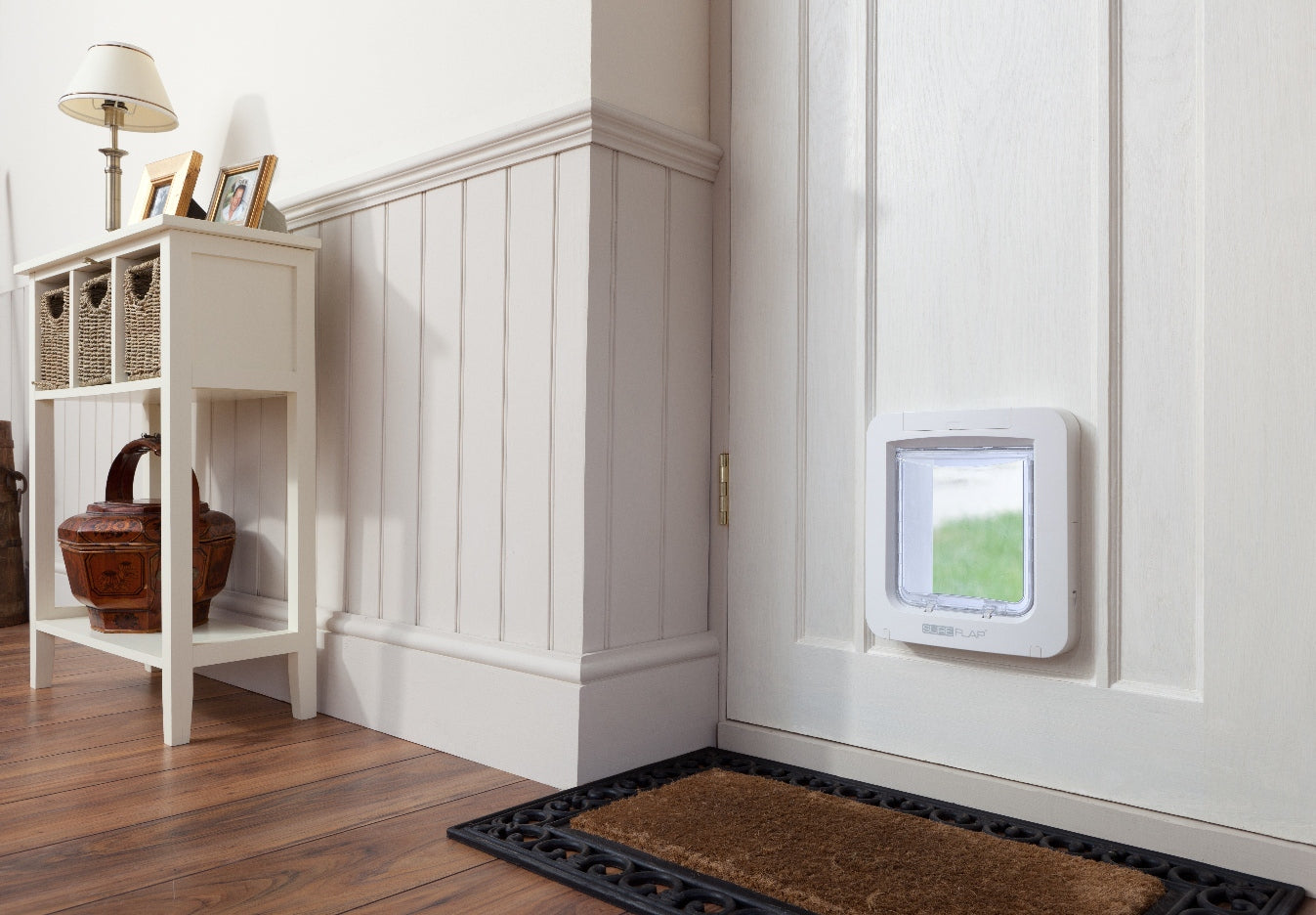 the Sureflap electronic microchip pet door installed into a wall