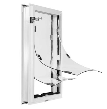 Hale custom dog door with clear, vinyl double flaps for better insulation - frame color in White.