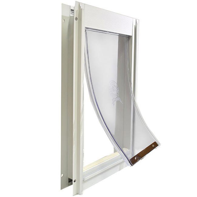 Ideal Deluxe pet door with white frame in comparison chart to Hale pet door