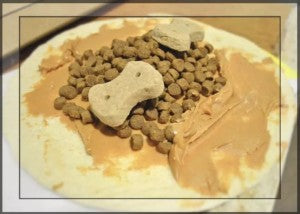 Peanut butter and dog treats on tortilla; healthy dog food recipes.
