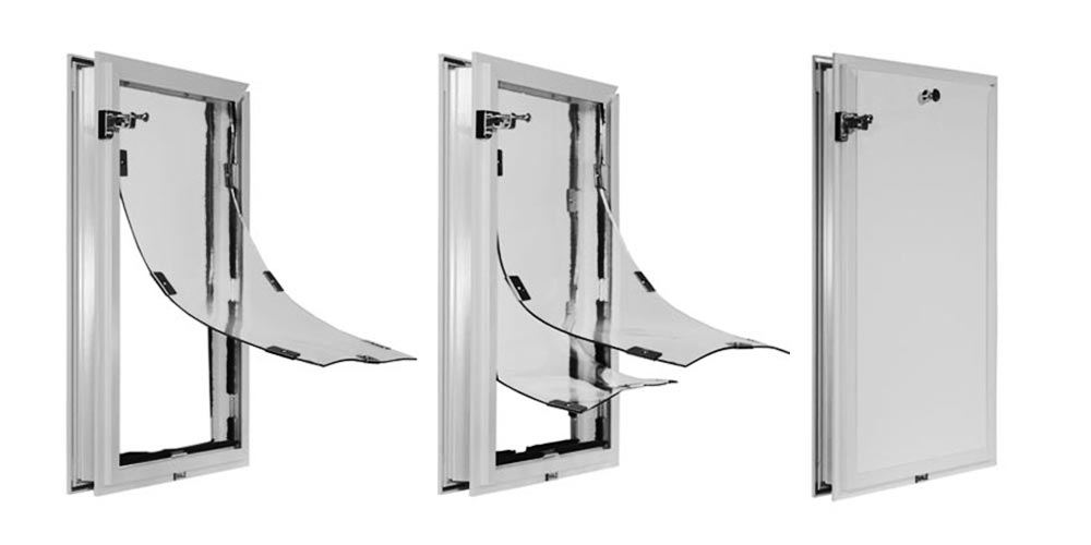 Hale custom dog doors with single flap, double flap, and locking cover - White frame color.