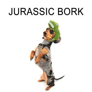 A weiner dog on it's hind legs and wearing a silly dinosaur hat. The text reads: 'Jurassic Bork.'