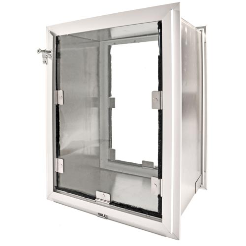 The Hale Pet Doors for Walls, which has adjustable magnets and weatherstripping lining the flap for increased insulation value.