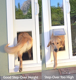 Comparison picture showing a dog door with a good step-over height and a dog door where the step-over is too high.