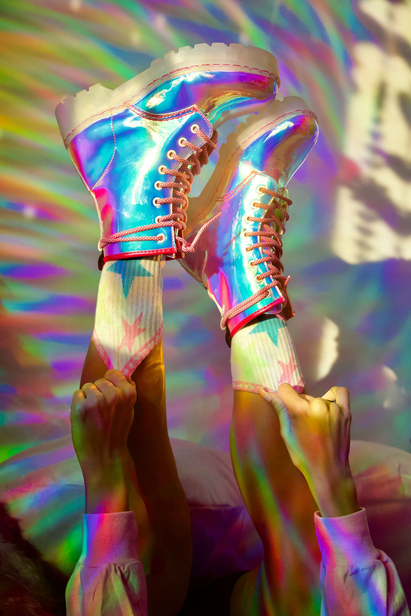 Festy Besty Super-Air Iridescent Combat Boots (Vanessa Seco, Pamela Seco, & Marina Fini Photoshoot)