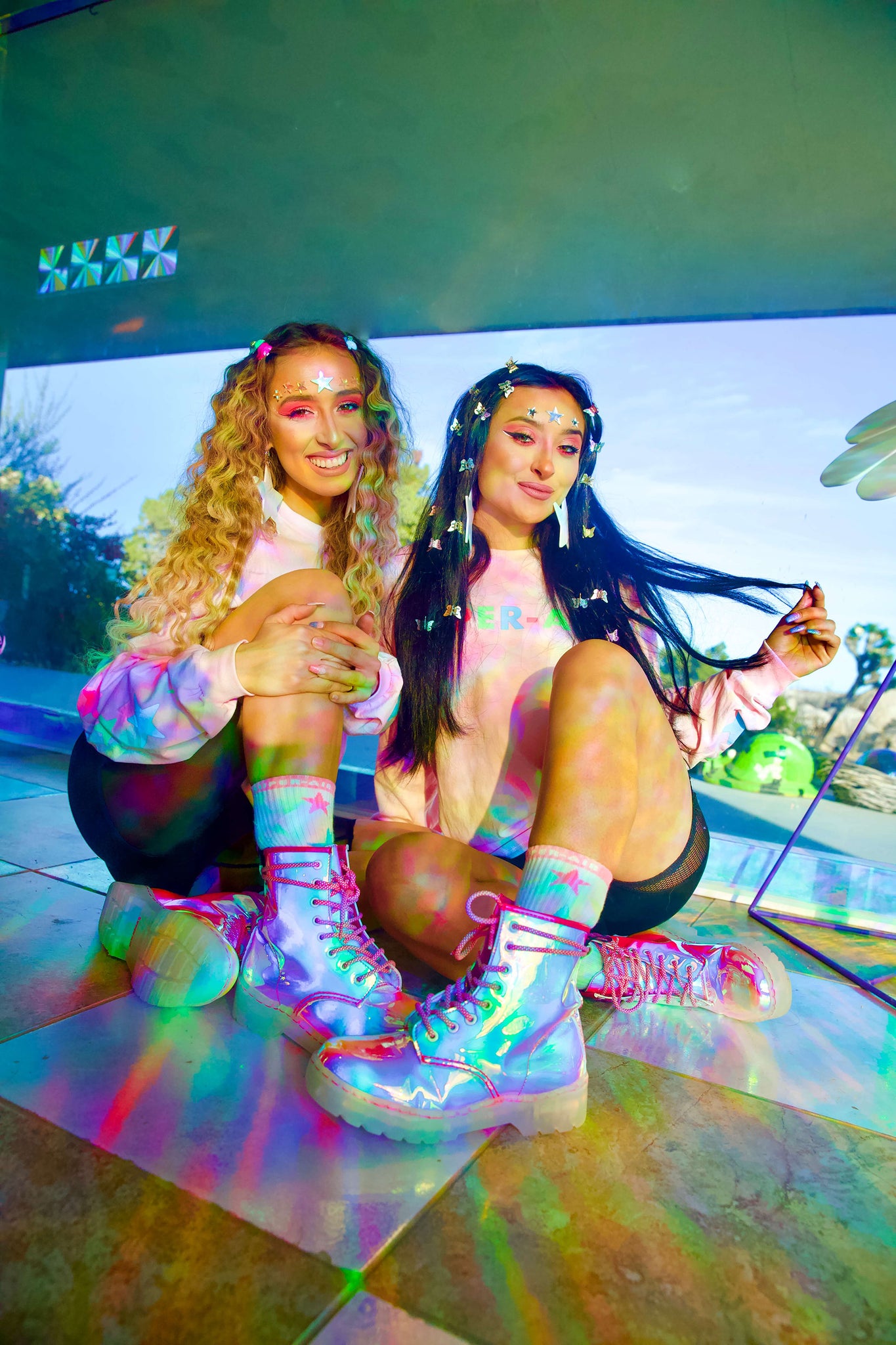 Festy Besty Super-Air Iridescent Combat Boots (Vanessa Seco, Pamela Seco, & Marina Fini Photoshoot)