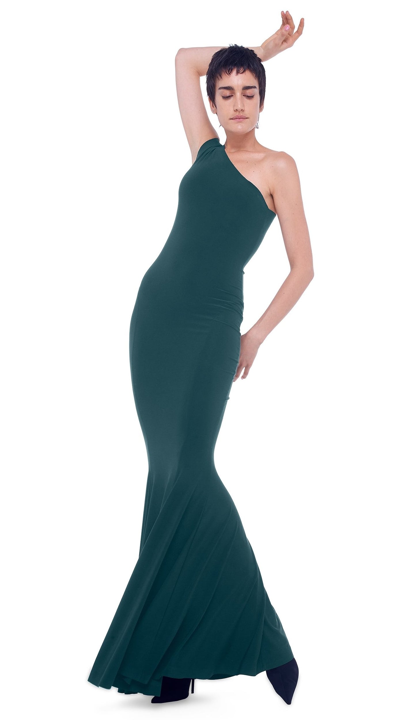 one shoulder fishtail dress