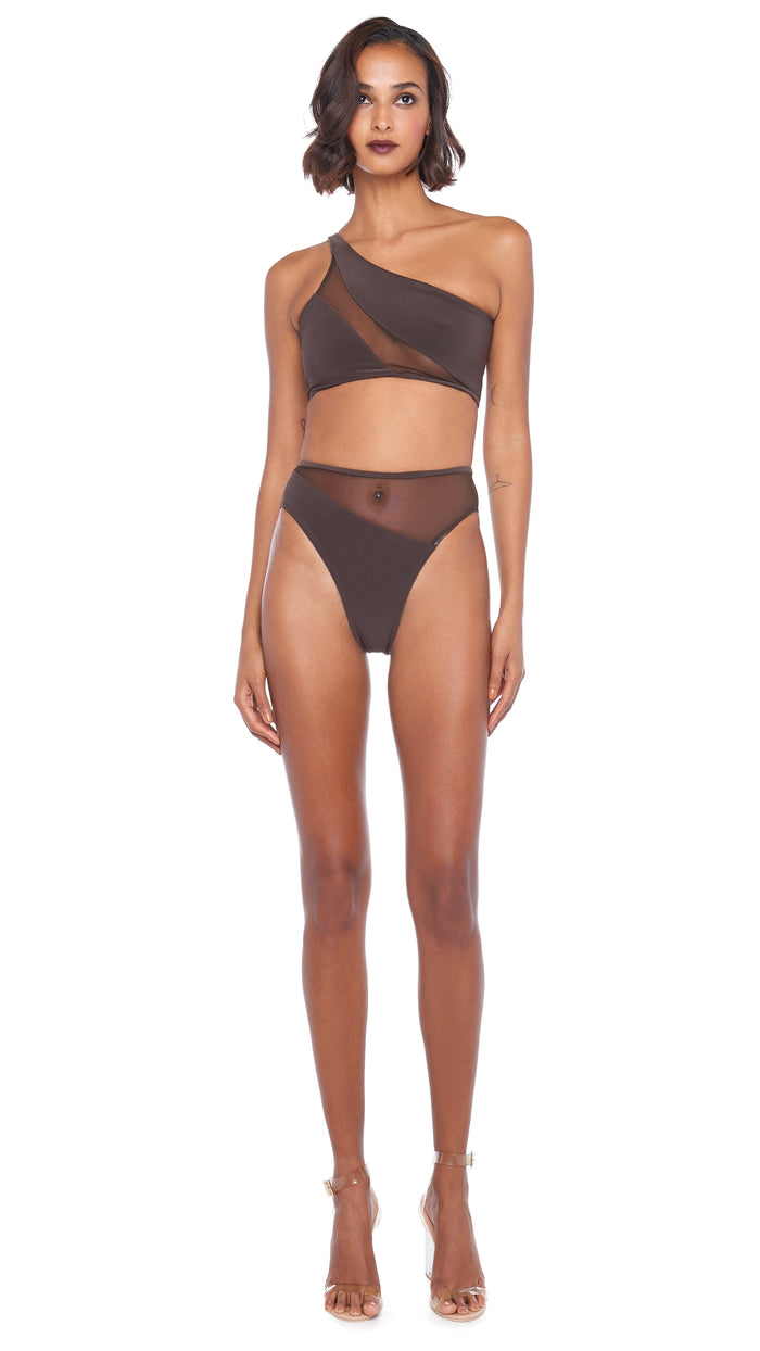 Mesh Cutouts One Shoulder Mesh Bikini Swim Top Black XS by Vince